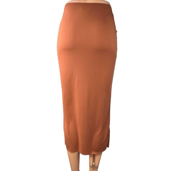 H&M Gusset Panel Brown Ruched Ruffle Draped Jersey Midi Straight Pencil Skirt XS - Picture 3 of 5
